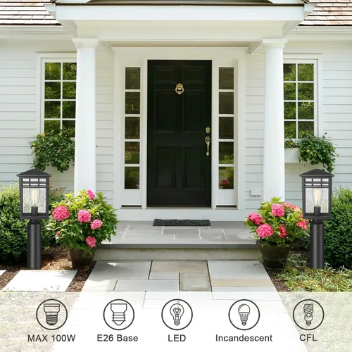 Vista 3 de Lámpara de poste exterior, farol moderno de pilar exterior con acabado negro y vidrio semillado, luz de poste para jardín, patio trasero, patio