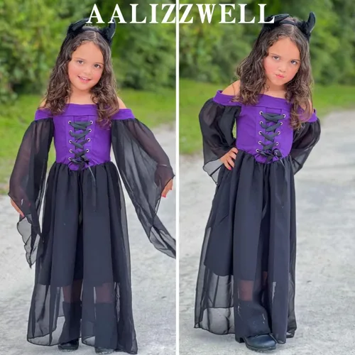 Vista 2 de Traje de bruja para niña pequeña para Halloween