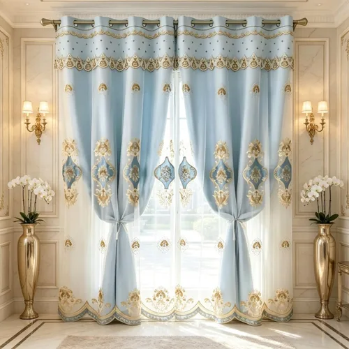 Vista 7 de Amidoudou 1 par de cortinas europeas de doble capa con cortinas transparentes para sala de estar, dormitorio, cortinas opacas bordadas de lujo Beige