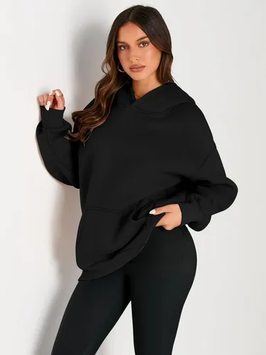 Vista 2 de Trendy Queen - Sudaderas extragrandes con capucha para mujer, suéteres de manga larga, sin botones, de vellón, de otoño, ropa de invierno