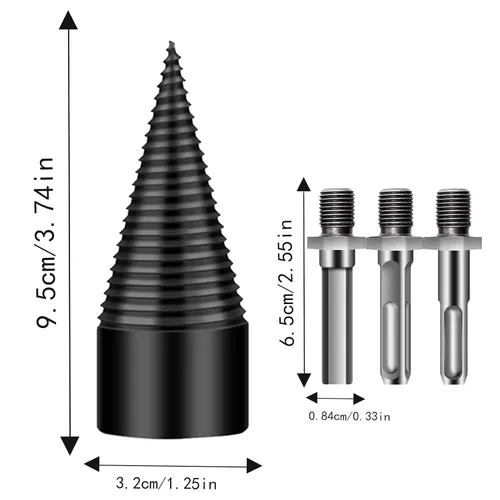 Vista 6 de Firewood Splitter Drill Bit, Removable Screw Cone Wood Drill Bit Set, Steel Kindling Splitter Drills Bits with 3 Attachment, Firewood Splitting Cut