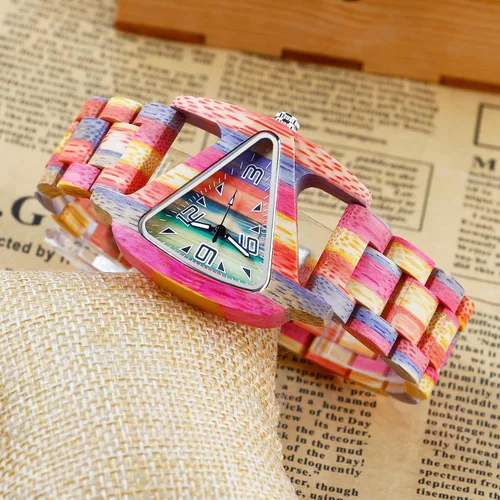 Vista 2 de Tiong Reloj de madera para mujer con correa de madera, cuarzo analógico, diseño clásico, colorido reloj de pulsera de bambú para damas, parejas..