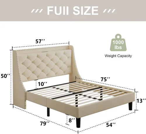 Vista 2 de Feonase - Base de cama tamaño completo con respaldo de alas de lujo y estación de carga rápida, base de cama tapizada con botones y cabecera