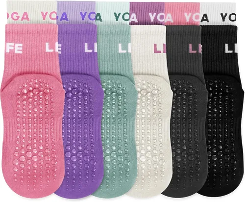 Vista 8 de Calcetines antideslizantes para mujer, calcetines de agarre de pilato, calcetines antideslizantes para yoga, calcetines de hospital, 6 pares