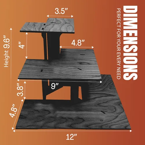 Vista 4 de Mesa expositora de esquina de ébano quemado de 3 niveles con estantes para productos - portátil
