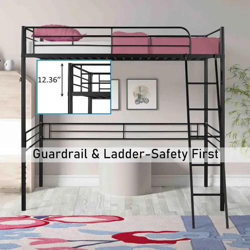 Vista 5 de Base de cama de metal tipo loft con escalera y barandilla de seguridad, marco de cama moderno de plataforma individual con espacio debajo de la cama