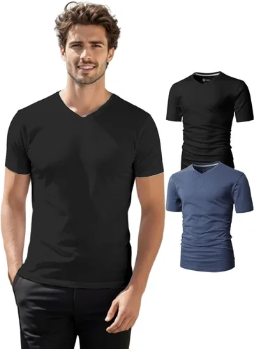 Vista 13 de H2H Camisetas para hombre - Pack de varias unidades, diseño simple, manga corta, ajuste delgado, mezcla de algodón (cuello en V/cuello redondo)