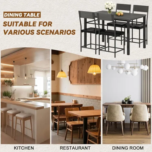 Vista 8 de Juego de mesa de comedor para 4, juego de mesa de cocina y sillas de 5 piezas, mesa de comedor rectangular de madera con marco de metal y tablero