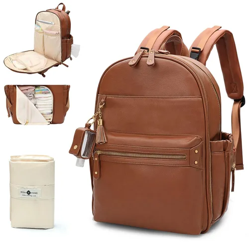 Vista 8 de miss fong Bolsa de pañales de cuero, bolsa de pañales para bebé, 16 bolsillos con soporte para desinfectante de manos, cambiador, 2 bolsillos Negro