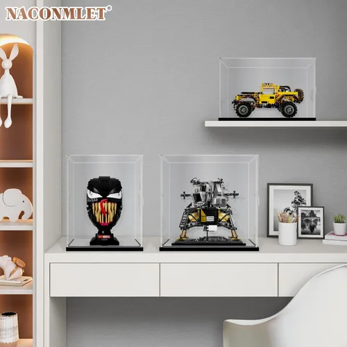 Vista 6 de Vitrina de acrílico transparente premium con iluminación LED – Escaparate a prueba de polvo con protección UV para máscara Lego Venom 76187, cascos