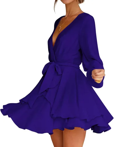 Vista 4 de LYANER Minivestido elegante con volantes para mujer con cuello en V y lazo para mujer