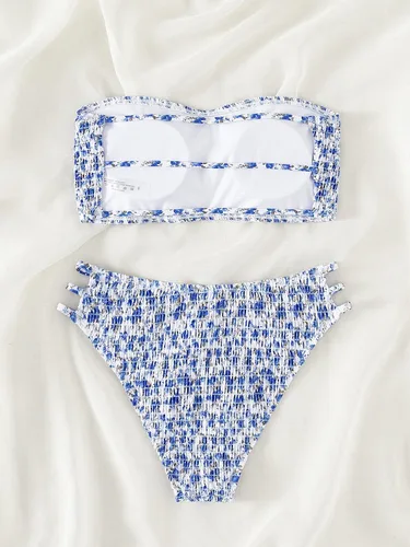 Vista 2 de WDIRARA Conjunto de 2 piezas para mujer, traje de baño de bikini con estampado floral fruncido