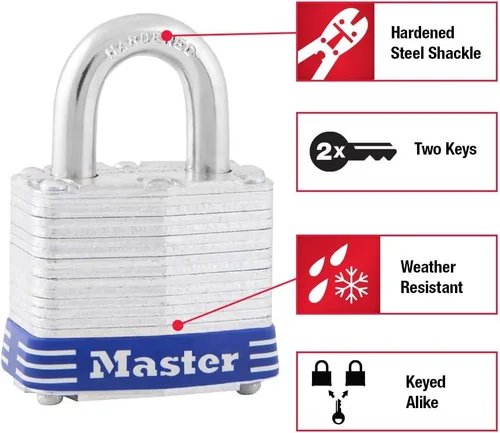 Vista 2 de Master Lock 5T - Candado para exteriores con llave, paquete de 2 unidades, color plateado