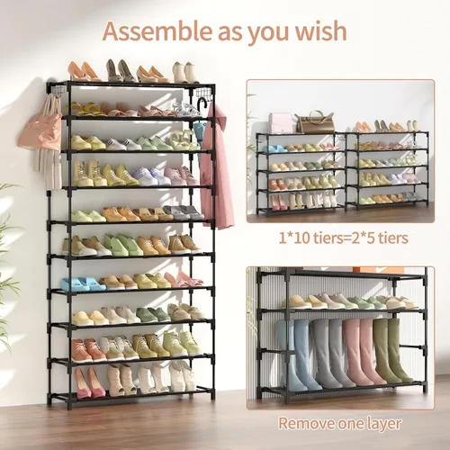 Vista 5 de LANTEFUL Zapatero de 10 niveles, 50 pares, organizador de zapatos alto de gran capacidad, almacenamiento de zapatos resistente con dos ganchos
