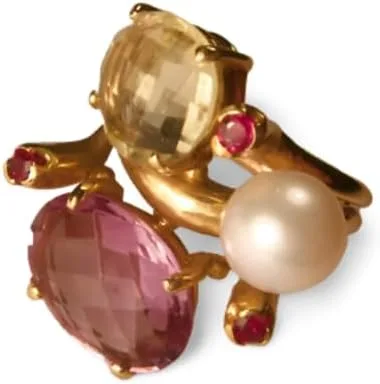 Vista 2 de Unbranded Magnificent 14K Yellow Gold Citrine Amethyst Pearl Ruby Three-Stone Ring
