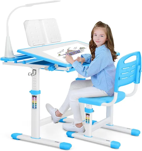 Vista 14 de Artist hand Kids Desk and Chair Set, Height Adjustable Desk with 0-40° Tilting Desktop, 2-Tier Bookshelf, Tablet Stand, Drawer, Hook and Ergonomic