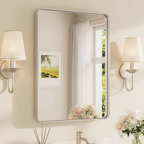 Vista 69 de Espejo de marco dorado cepillado de 16 x 24 pulgadas, espejo de tocador de baño de latón dorado para pared, espejo enmarcado rectangular de esquina