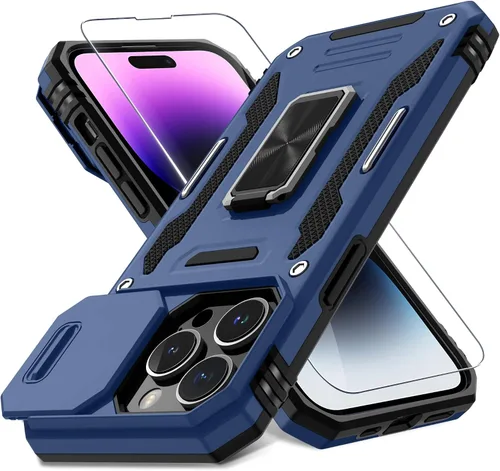 Vista 16 de DEERLAMN Funda para iPhone Xs Max con funda deslizante para cámara + protector de pantalla, soporte giratorio de anillo de grado militar a prueba