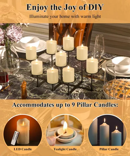 Vista 4 de Portavelas de chimenea con 9 placas de pilar de cera, soporte de velas de hierro para decoración de hogar, hogar, mesa, centro de mesa, decoración