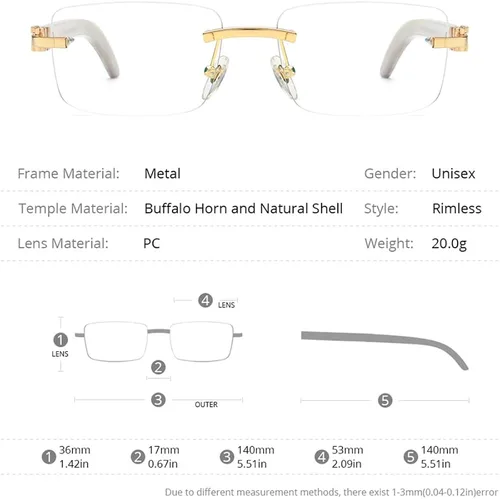 Vista 4 de HEPIDEM 100% Really Buffalo Horn Mejillón Shell Rimless Gafas Marco 908
