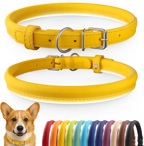 Vista 15 de CollarDirect - Collar de cuero enrollado para perro, collar redondo acolchado suave para cachorro, collar de cuero auténtico hecho a mano