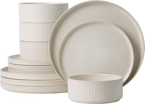 Vista 23 de Stoneware Dinnerware Sets for 4, 12Pcs Plates and Bowls Set, Cream White