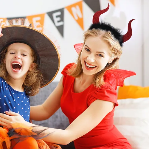 Vista 4 de Diadema de Halloween con cuernos de diablo con purpurina para adultos y niños, cuerno de diablo para fiesta de Halloween