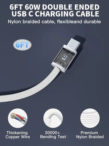 Vista 9 de Adaptador de corriente dinámico Apple de 40W-60W, cargador USB C rápido, paquete de 2 cargadores de iPhone, carga rápida de 6 pies, cables de carga
