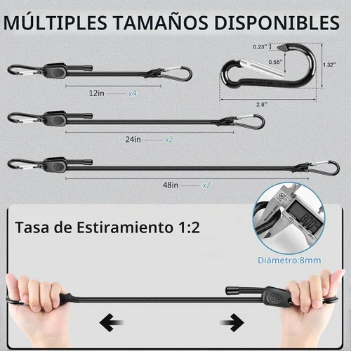 Vista 2 de Cuerdas elásticas ajustables con ganchos de mosquetón que incluyen 12, 24, 48 pulgadas, 8 cuerdas elásticas negras resistentes al aire libre