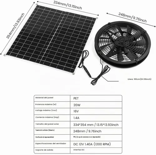 Vista 2 de Ventilador solar, 20 W, resistente a la intemperie, ventilador solar con ventilador de CC para gallineros pequeños, invernaderos, cobertizos, casas