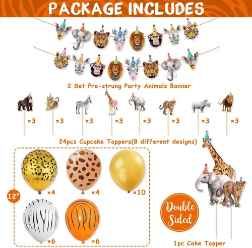 Vista 2 de Decoraciones de cumpleaños de animales de safari, fiestas, animales de la selva, banderines salvajes para tartas y globos para niños y niñas