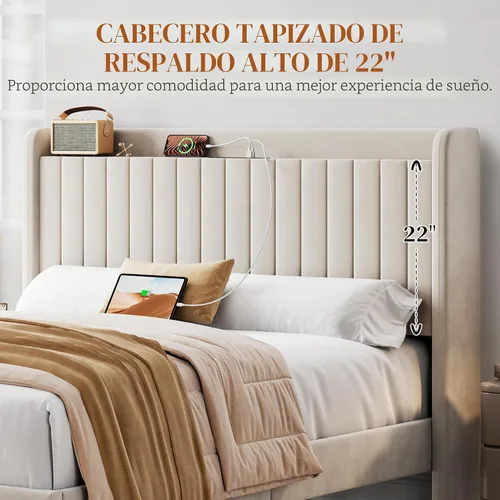 Vista 7 de Yaheetech Base de cama tamaño Queen con estación de carga USB y estante de almacenamiento/plataforma de cabecera tapizada con lado de ala/soporte