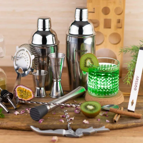 Vista 5 de Mixology Bartender Kit de 16 piezas de coctelera de acero inoxidable de alta calidad y elegante soporte de bambú Perfecto para mezclar bebidas