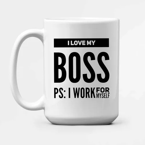 Vista 5 de Taza de café con texto en inglés "I Love My Boss PS I Work For Mysel", regalos para jefes, divertida, sarcástica, empresario, compañero de trabajo