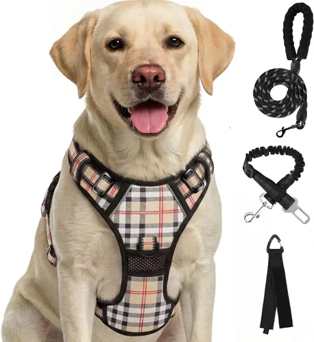Vista 13 de FURRYFECTION Arnés a cuadros para perros pequeños, chaleco reflectante ajustable sin tirones para mascotas con clip frontal, correa, asa de fácil