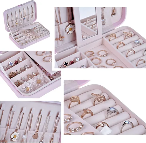 Vista 4 de GUKA Joyero organizador de viaje para mujeres y niñas, soporte de joyería para aretes, anillos, collares, joyas, organizador de viaje, caja
