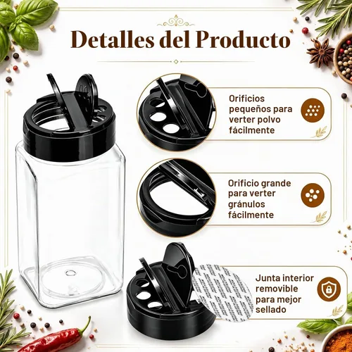Vista 3 de Bekith Paquete de 16 tarros de plástico para especias de 9 onzas con tapa negra, botellas de plástico para especias vacíos para almacenar especias
