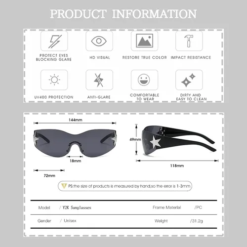 Vista 5 de Y2K - Gafas de sol para mujeres y hombres, de moda, envolventes, sin borlas, de gran tamaño, sin marco, de moda