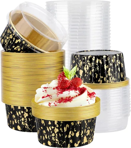 Vista 16 de EUSOAR Vasos para cupcakes con tapas, paquete de 50 forros para magdalenas de 5 onzas de colores surtidos, moldes desechables de papel de aluminio 5