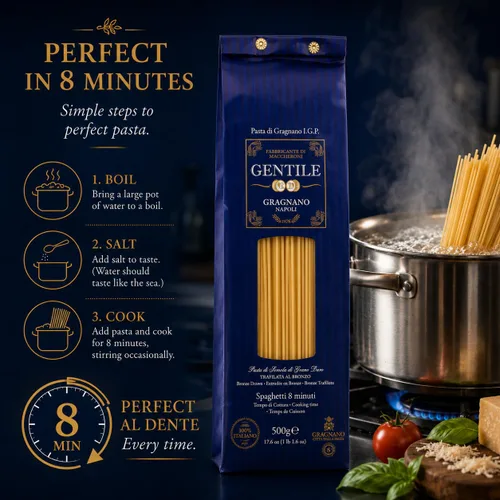 Vista 4 de Gentile Organic Long Pasta di Gragnano IGP - Pasta italiana de corte bronce - Auténtica pasta artesanal de Gragnano, Italia (Spaguetti 8 minutos)
