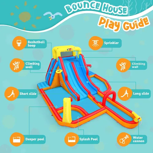 Vista 7 de AKEYDIY Tobogán acuático inflable de doble carril, tobogán acuático de rebote para niños de 3 a 12 años, parque acuático con tobogán de carreras