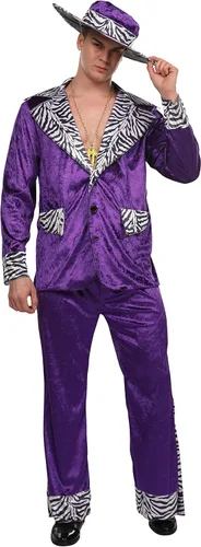 Vista 4 de Maxim Party Supplies Disfraz de jugador adulto Mack Daddy Hustler traje de terciopelo incluye sombrero, chaqueta de traje, pantalones, cadena dorada