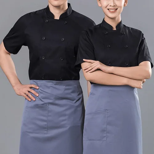 Vista 4 de Abrigos de chef unisex de manga corta, uniforme de chef de trabajo, con bolsillo, chaqueta de cocina con cierre de botón