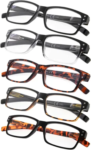 Vista 9 de Gafas de lectura, paquete de 5 bisagras de resorte para mujeres y hombres, incluye 3 negras 2 tortugas +0.00