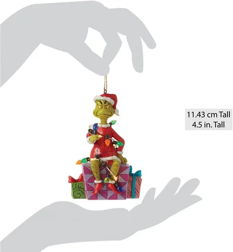 Vista 3 de Enesco Dr. Seuss Grinch por Jim Shore Santa Grinch - Figura colgante y luces LED, adornos coleccionables para árbol de Navidad hechos a mano