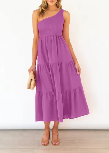 Vista 7 de ZCSIA - Vestido de verano bohemio para mujer, con un hombro descubierto, sin mangas, unicolor, largo debajo de la rodilla y con holanes escalonados
