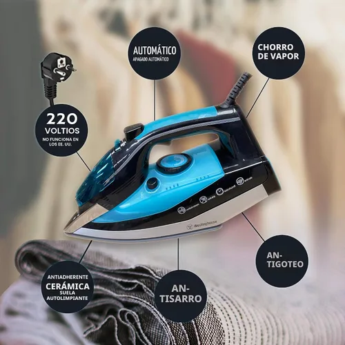 Vista 2 de Westinghouse - Plancha de 220 V de 2500 vatios con vapor y apagado automático de 220 – 240 voltios 50/60 Hz con adaptador de enchufe Dynastar