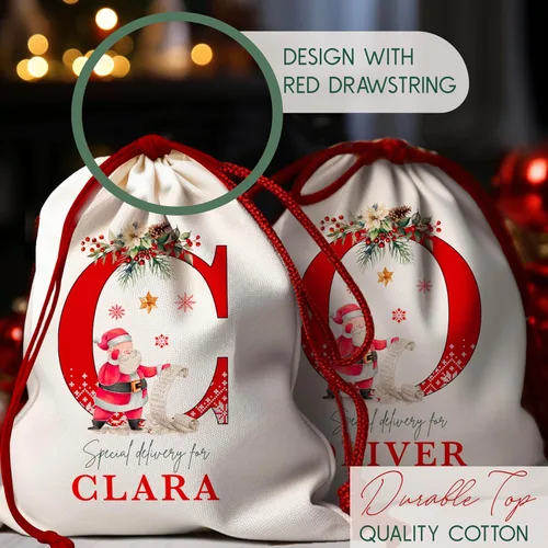 Vista 7 de Saco de Santa de Navidad inicial personalizado, bolsa de regalo de Navidad personalizada, bolsa de cordón con monograma