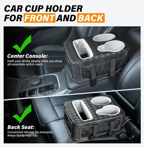 Vista 2 de Portavasos de Consola Central, Caja de Almacenamiento Universal para Reposabrazos de Automóvil con Portabotellas y Ranura para Pañuelos y Bolsillos