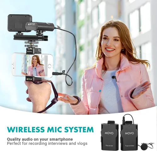 Vista 2 de Movo Kit de video inalámbrico para teléfono inteligente V2+ con trípode, agarre, micrófono de solapa inalámbrico, luz LED y control remoto,